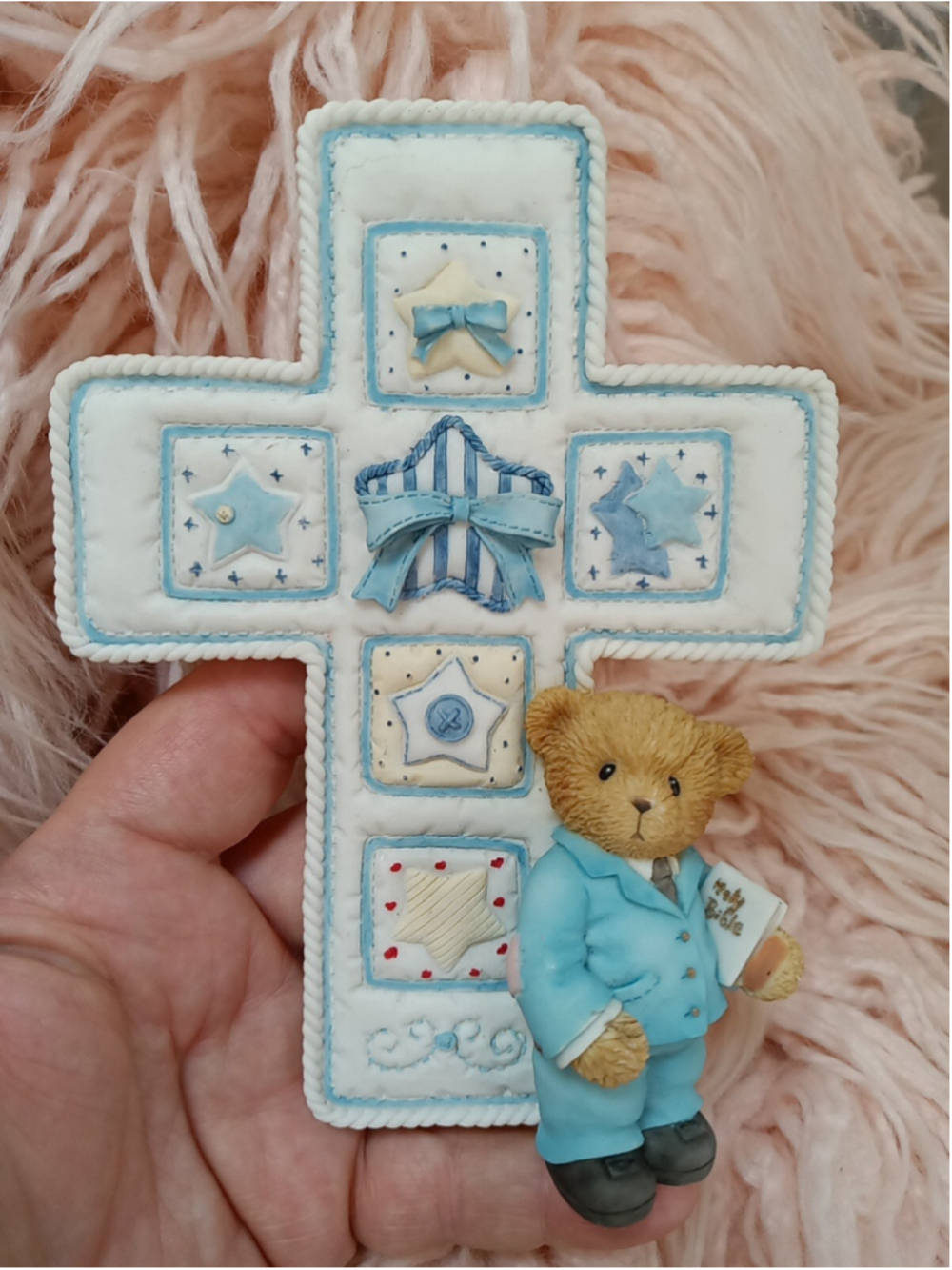 Cherished Teddies Boy Communion Confirmation Cross Blue Suit Holding Holy Bible